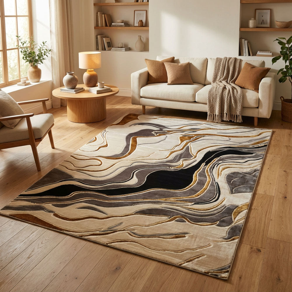 Marmor-Creme-Schwarz-Teppich 0916A – Barak Carpet EU