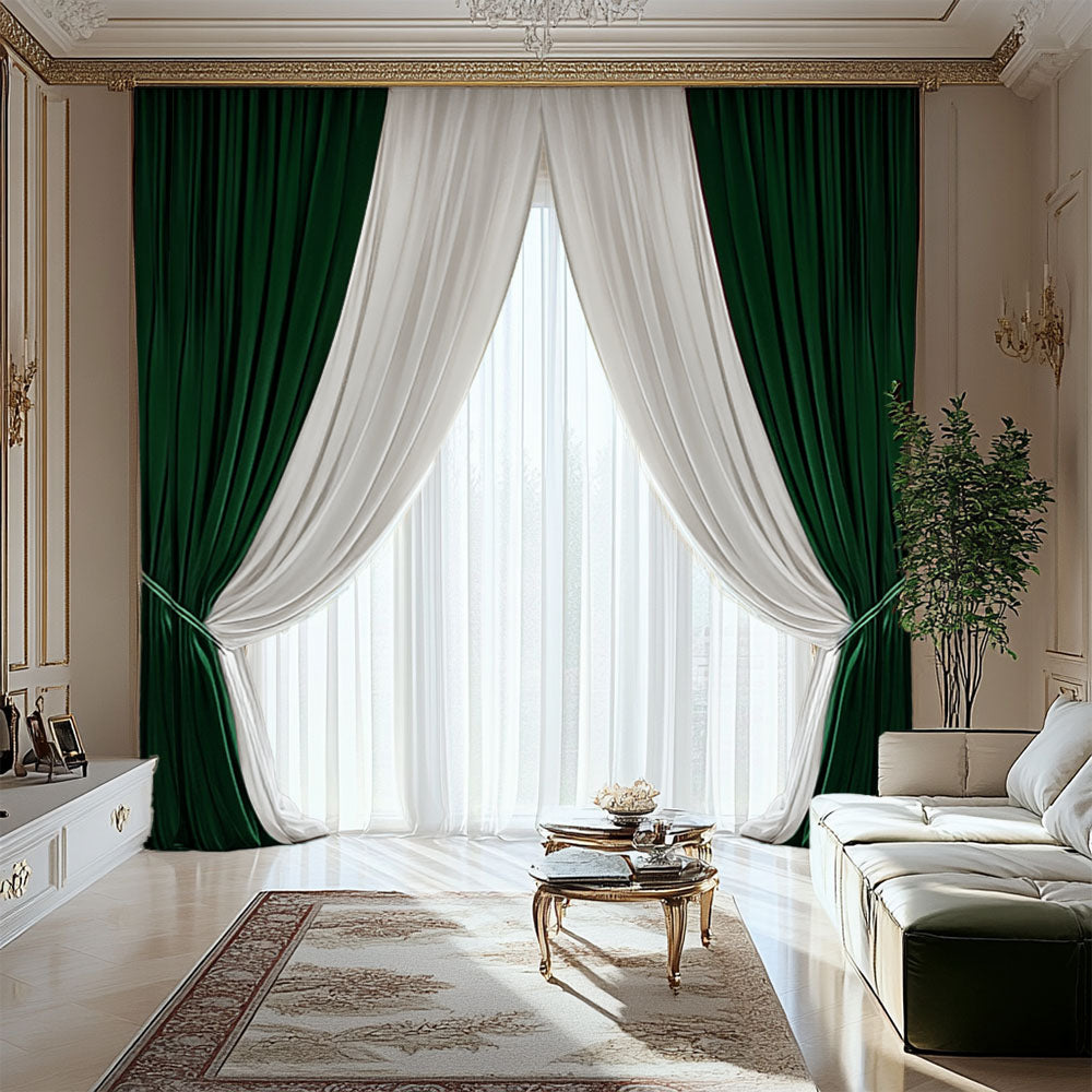 Set of 2 Duo Velvet Curtains Green White 70% Opaque