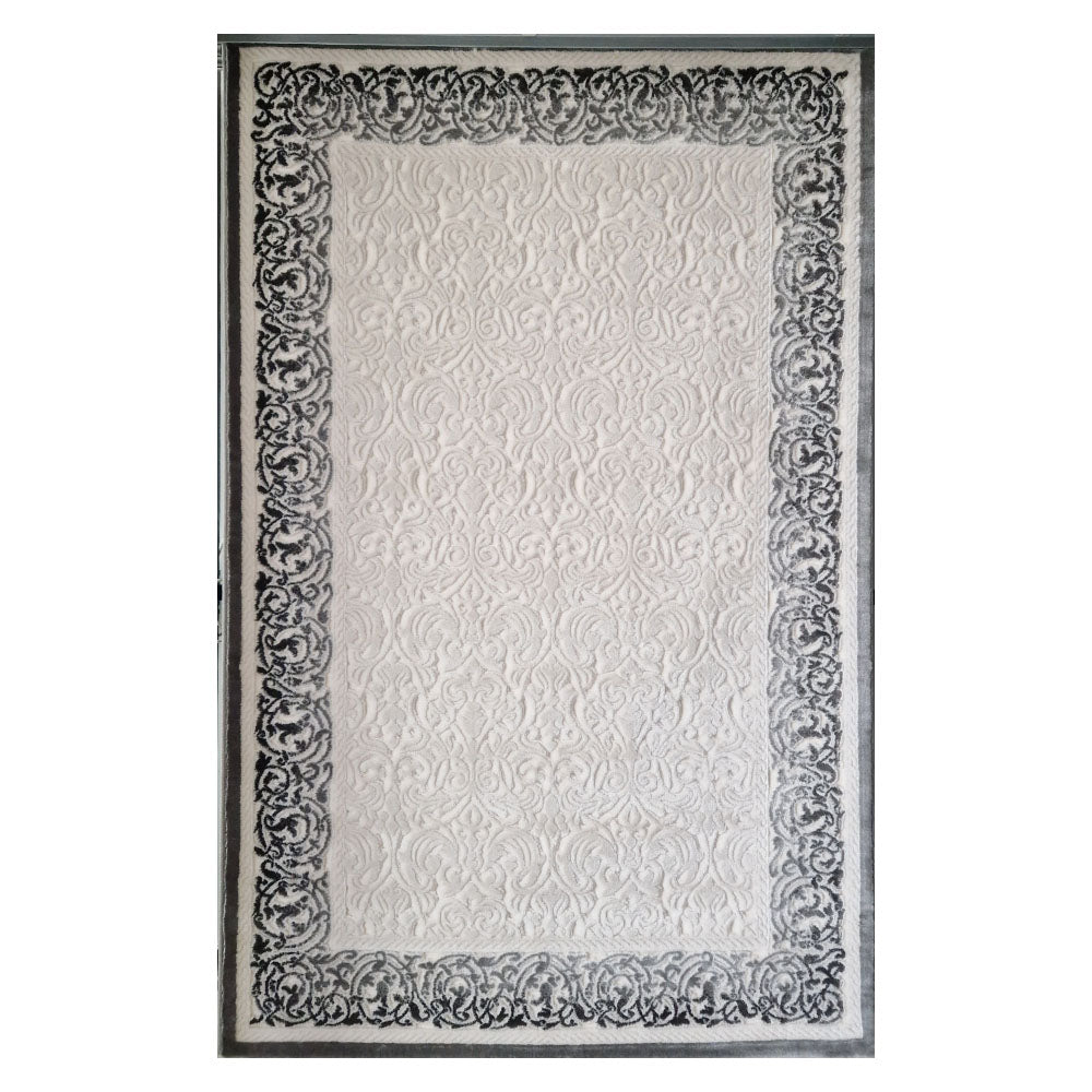 Mira 3D Elegant White Pearl Rug with Grey Border