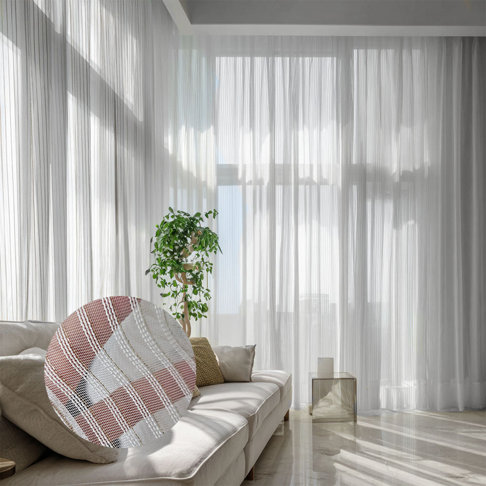 Altim Scheibengardine Eierschalenweiß Voile mit feinen Goldstreifen – Barak Carpet EU