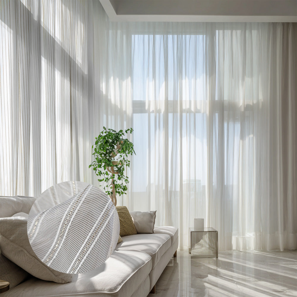 Elit Transparant Gordijn Eierschaalwit Voile met Fijne Gouden Strepen