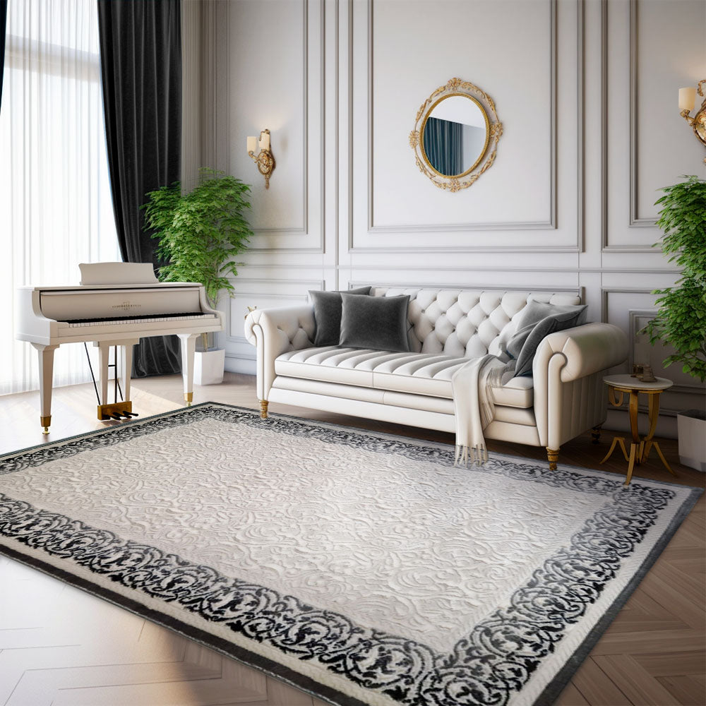 Mira 3D Elegant White Pearl Rug with Grey Border