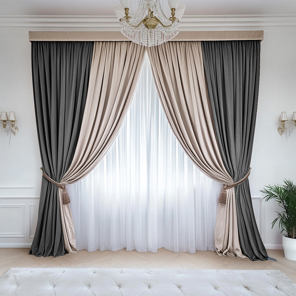 Set of 2 Duo Velvet Curtains Grey Cream 70% Opaque
