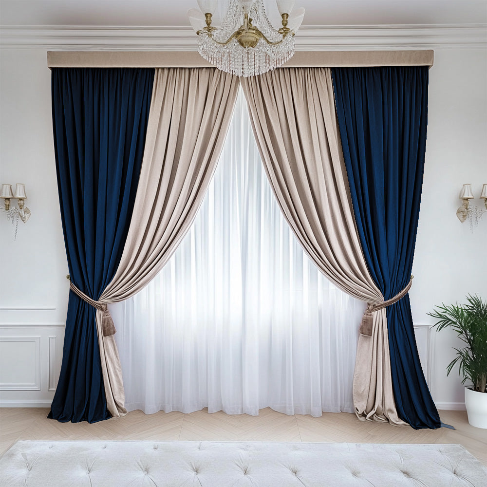Set of 2 Duo Velvet Curtains Navy Blue Cream 70% Opaque