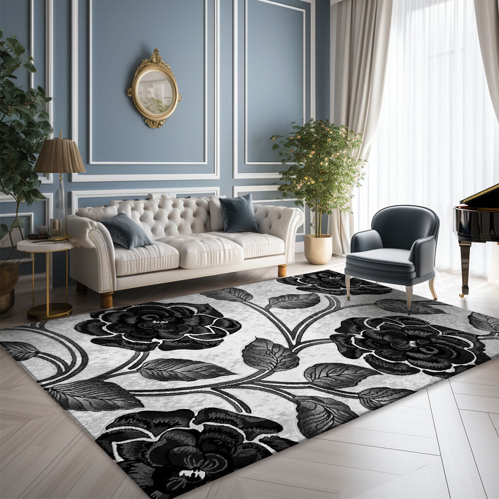 Romantic Floral Rug, Grey and Black