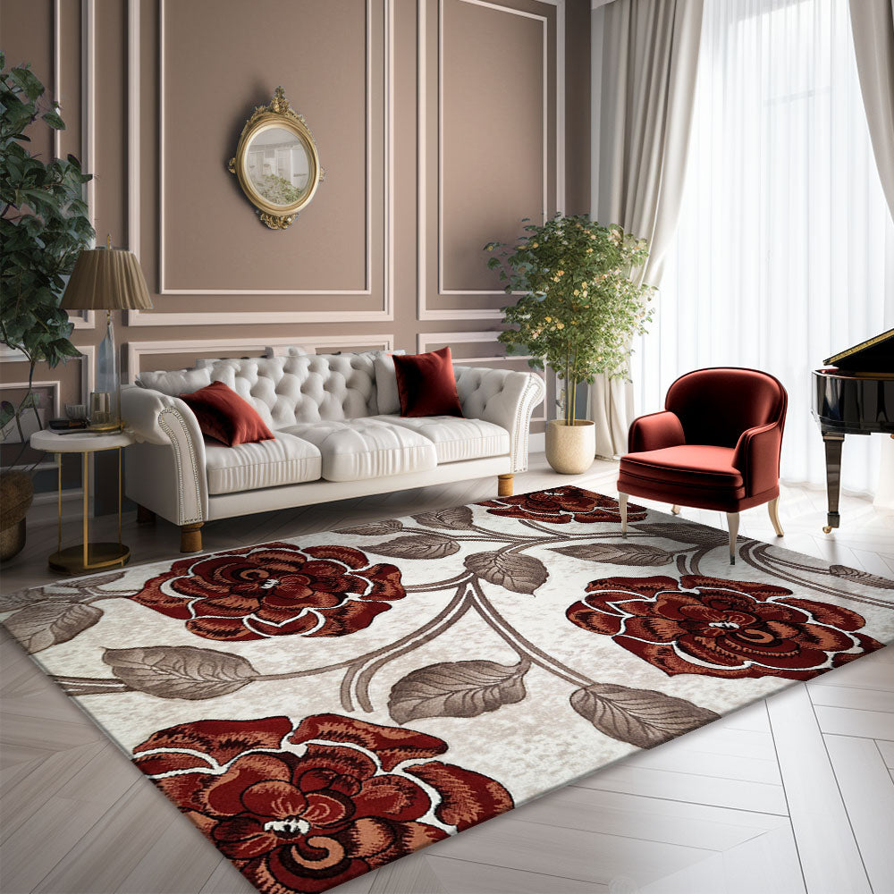 Romantic Floral Rug, Cream and Red