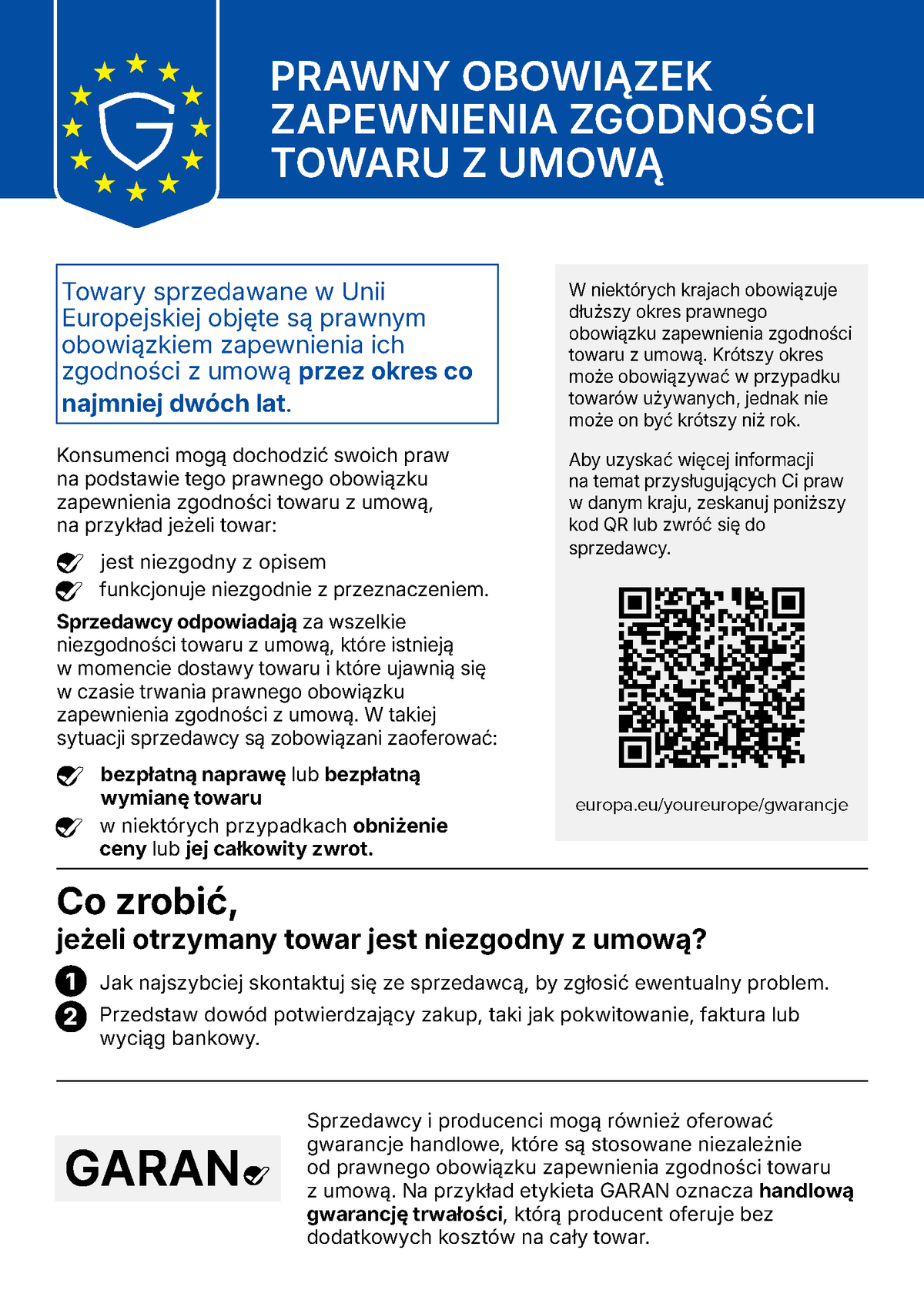 Informacje o prawach w przypadku niezgodności towaru z umową