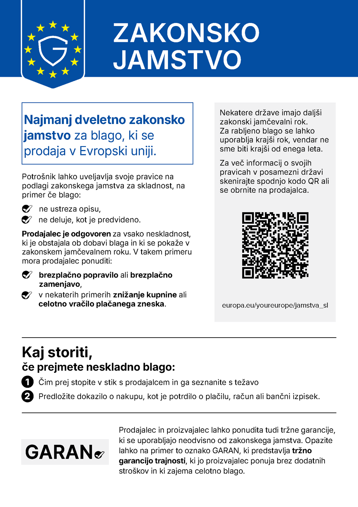 Legal guarantee information
