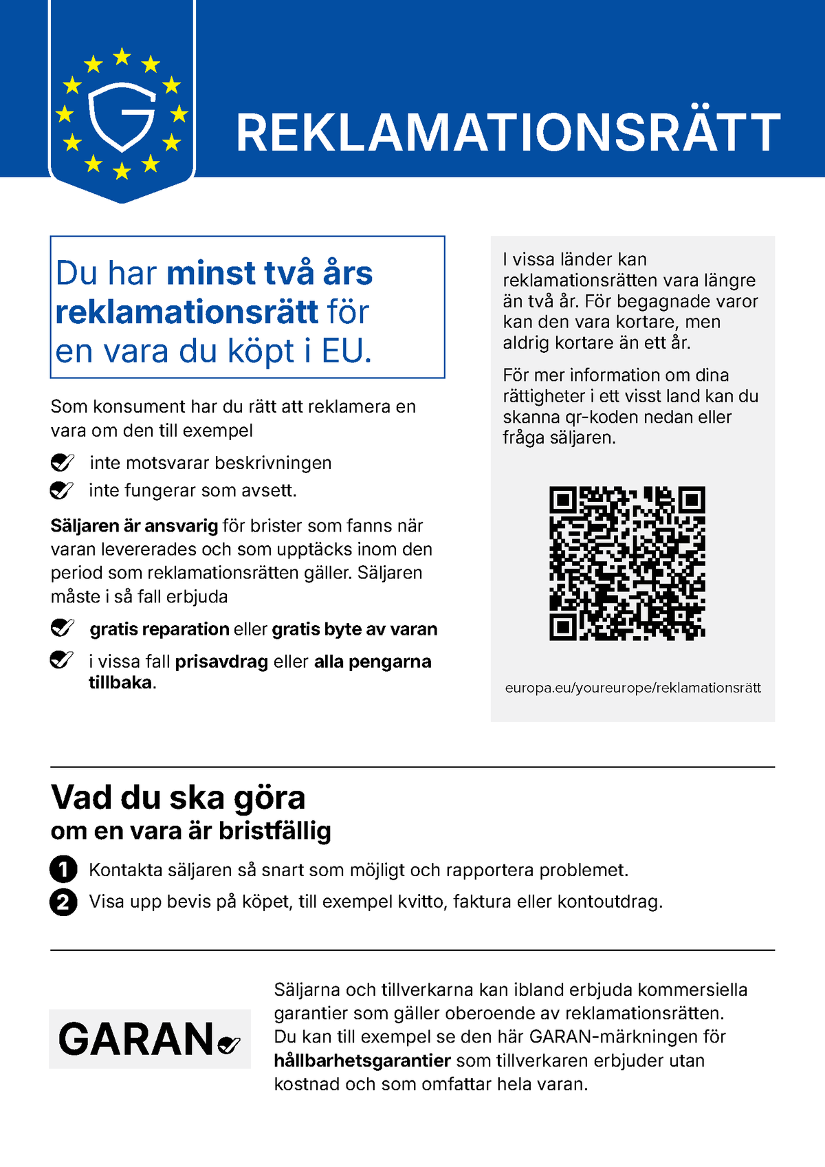 Legal guarantee information