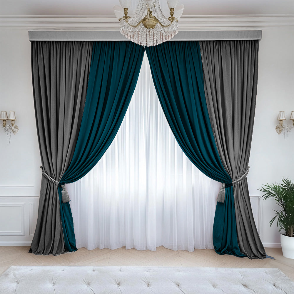 Set of 2 Duo Velvet Curtains Grey Turquoise 70% Opaque